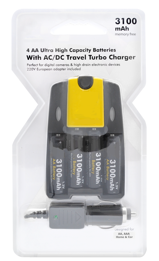 4 AA Ultra High Capacity Batteries With AC/DC Travel Turbo Charger